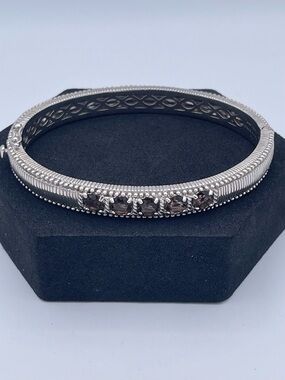 Judith Ripka Sterling Silver 925 Smoky Quartz Hinged Oval Bangle Bracelet 31.9g